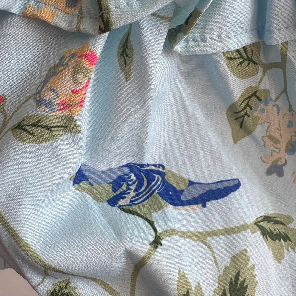 Unique Vintage sz 14 Blue Floral Bird cropped off-shoulder top blouse ruffle - Picture 6 of 6